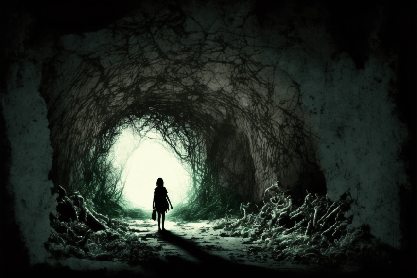 Darkness underground, person walking towards the light