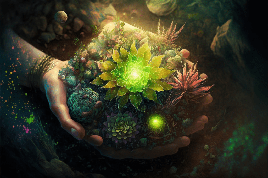 Abstract hands holding a few plants, with sparkles around
