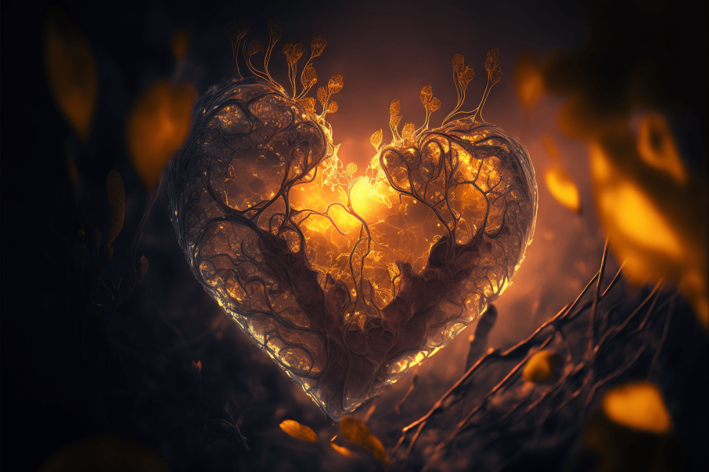 Glowing heart with seeds and small plants growing from it