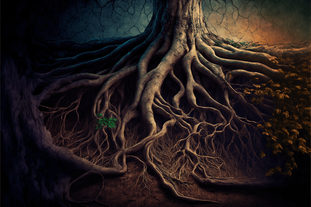 Tree roots underground, with a small plant in the roots
