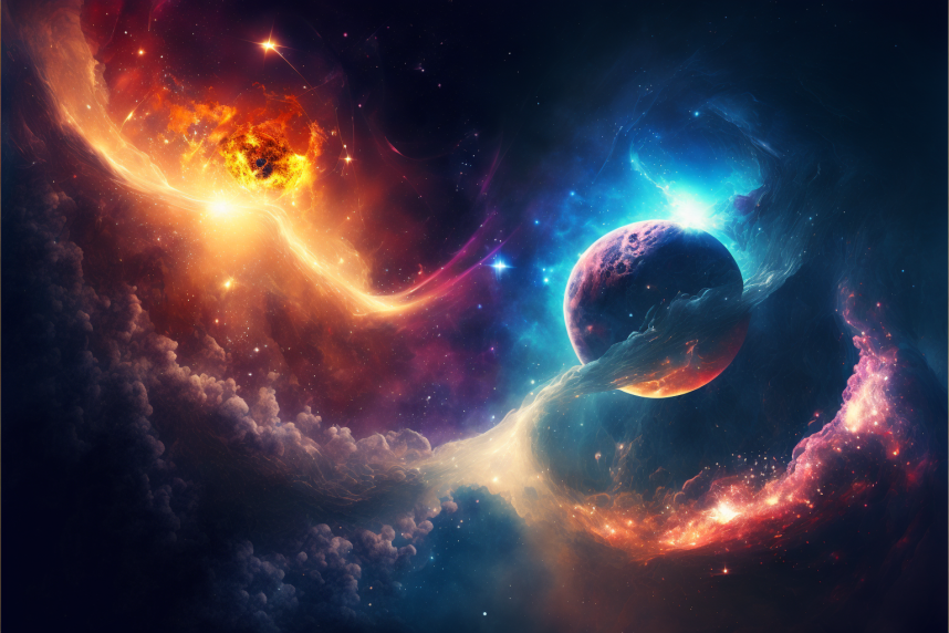 Space imagery with blue and yellow nebulas and a planet with stars.