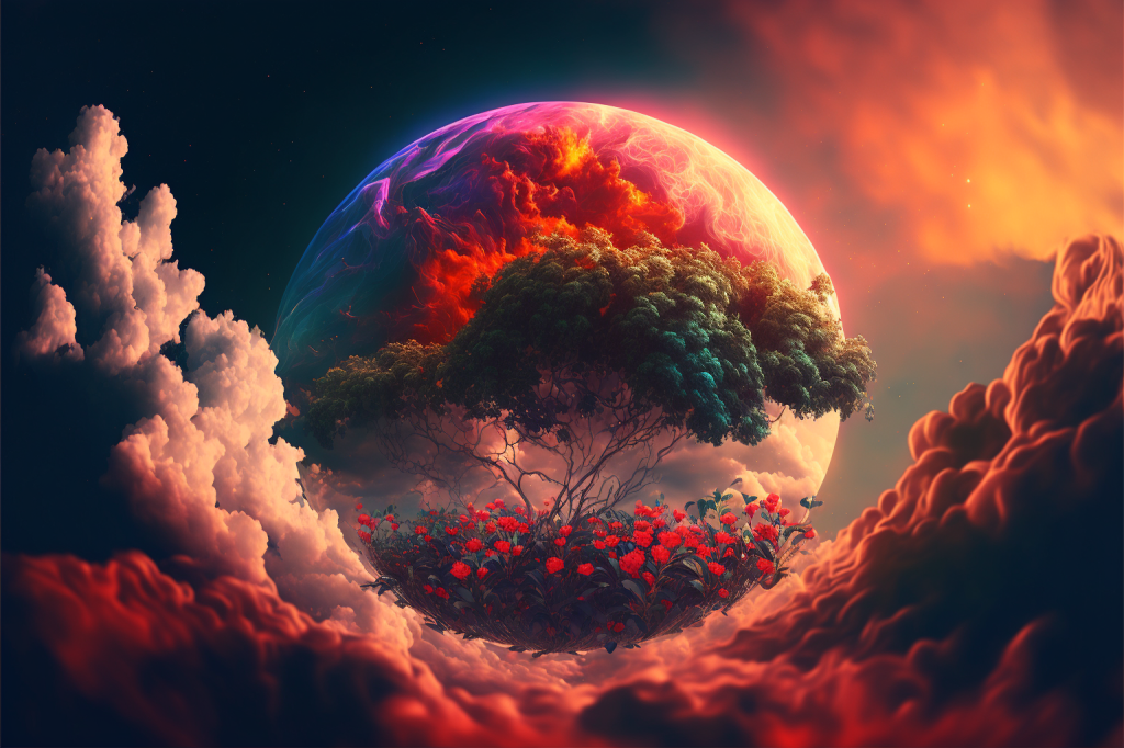 Dreamy image of a tree and plants in the clouds, with a red and purple planet behind.